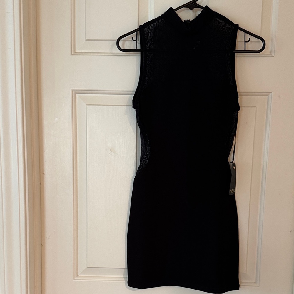 NBD Black Lace-Panel High Neck Mini Dress SIZE S